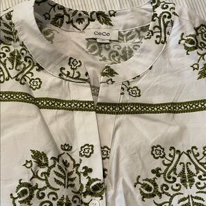 CeCe Ivory Blouse with Olive Embroidery